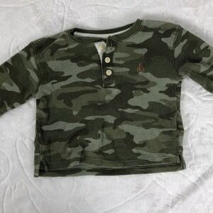 Baby Gap Shirt Baby 12-18 Months Green Camo Thermal Waffle Henley Long Sleeve